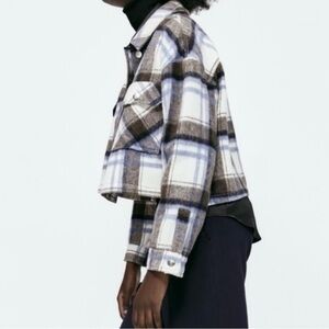 ZARA Women’s Overshirt Jacket Shacket Cropped Cotton Blend Blue Plaid Sz Medium